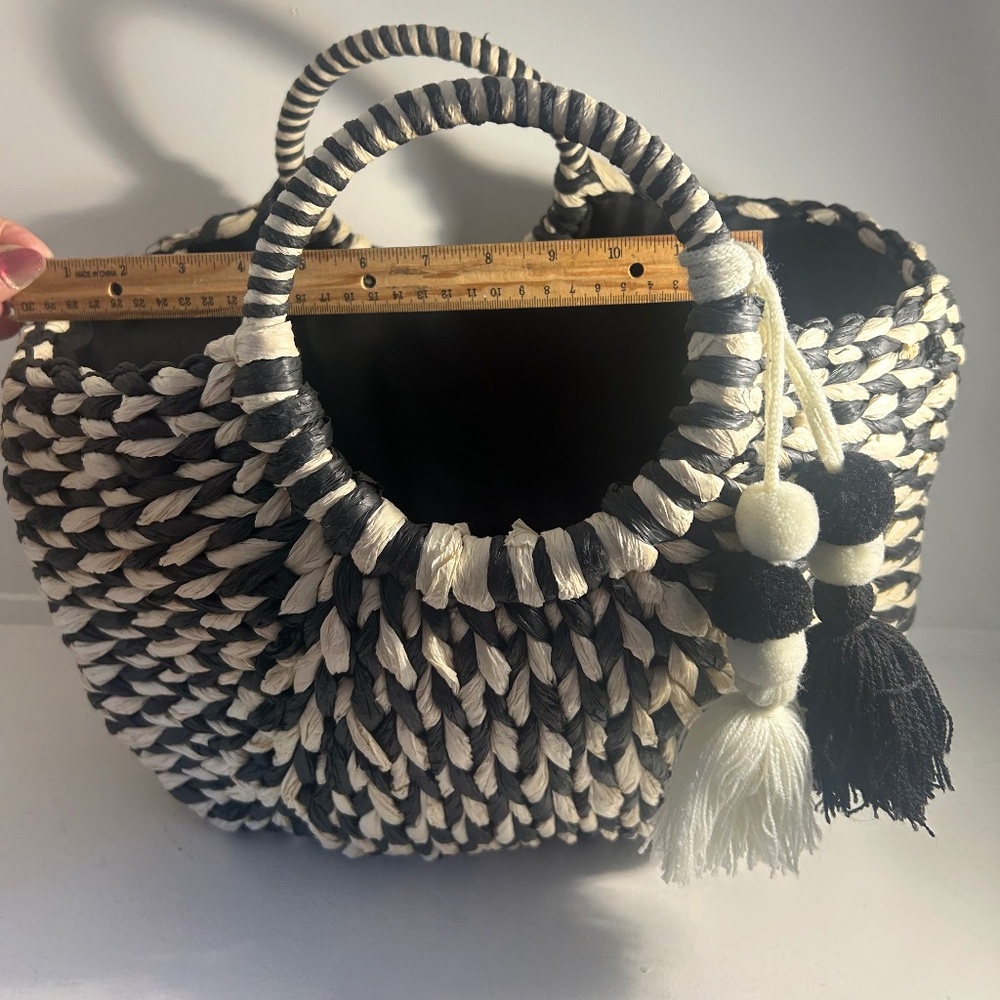 Natural Black/White Rattan with drawstring pouch interior NEW with pompoms